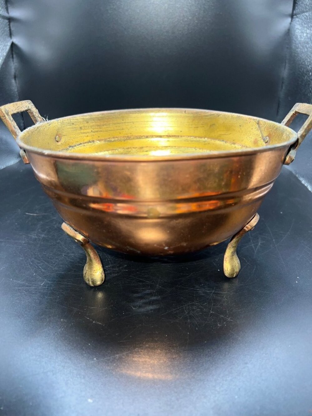 Vintage Copper & Brass Colander Bowl Handles Three Feet Rustic Perforated Patina